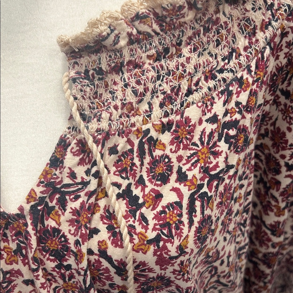 Lucky Brand Boho Floral Tassel Peasant Top - Cream and Burgundy - Picture 2 of 5